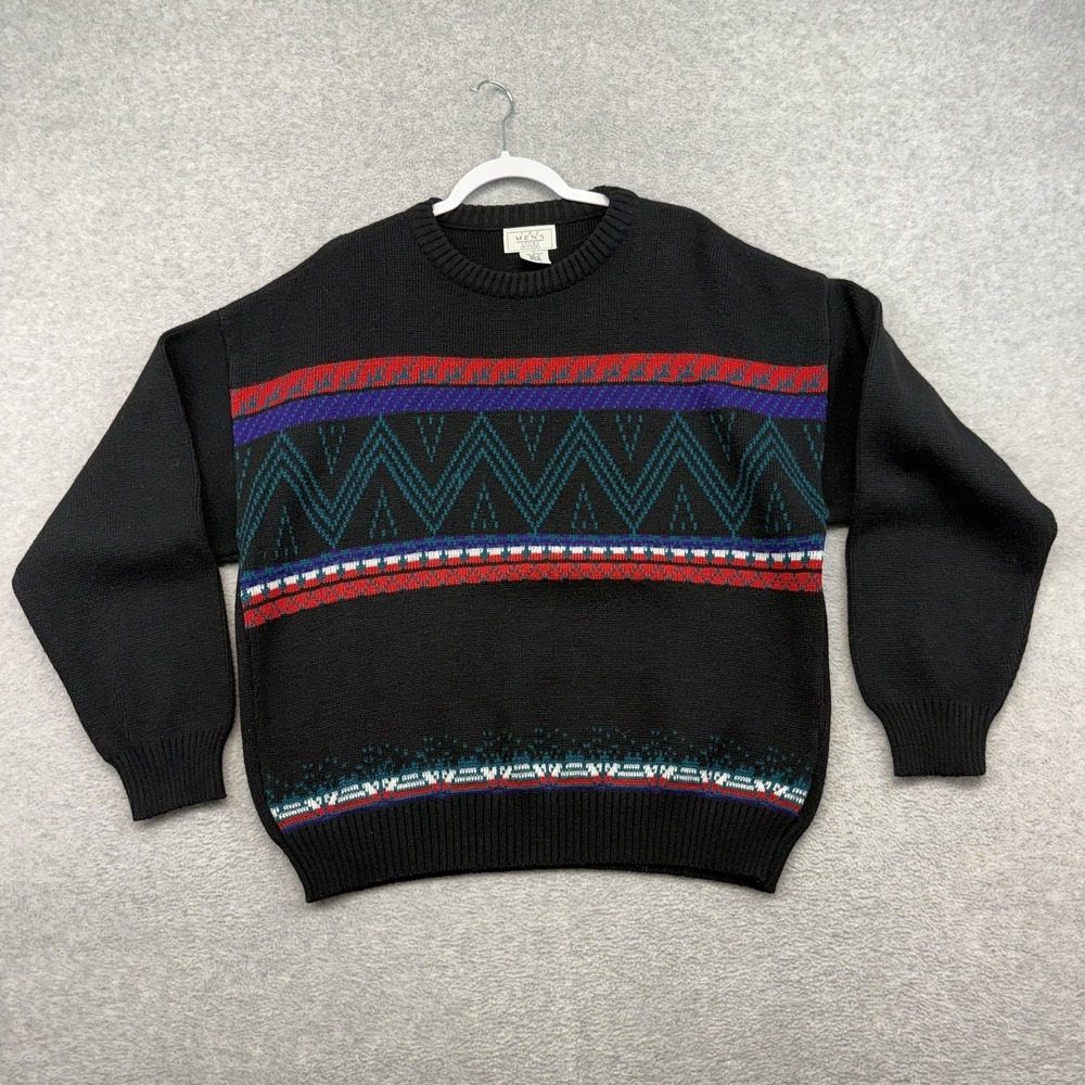 Sears Mens Store Vintage Grandpa Sweater Mens L Black Geometric Funky‎ 90's Crew